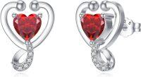 wholesale 925 Sterling Silver 12 Months Birthstone Stethoscope Heart Stud Earrings for Women-Dark Red