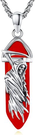 wholesale 925 Sterling Silver Red Enamel Grim Reaper Skull Pendant Necklace-0-0