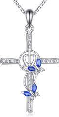 wholesale 925 Sterling Silver Blue Crystal Cross Pendant Necklaces for Women Girls  43cm Chain Length-0-0
