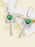 wholesale 925 Sterling Silver Lucky Shamrock Drop Dangle Leverback Earrings with Green Crystal Heart and Knot Design-0-3