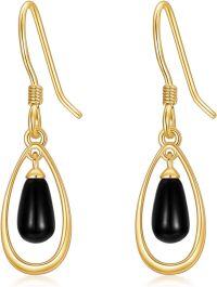 wholesale 14K Gold Teardrop Black Onyx Drop Earrings for Women - Valentines Day Gifts-C- Halo Outline Design
