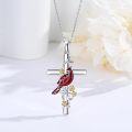 wholesale 925 Sterling Silver Cross with Red Cardinal and Flowers Pendant Necklace-0-2