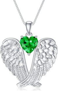 wholesale 925 Sterling Silver Birthstone Angel Wings Pendant Necklace for Women Christmas Gift-5-May-Emerald
