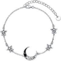 wholesale 925 Sterling Silver Moonstone & CZ Adjustable Bracelet with Stars and Crescent Moon Charm for Women-Moon Star