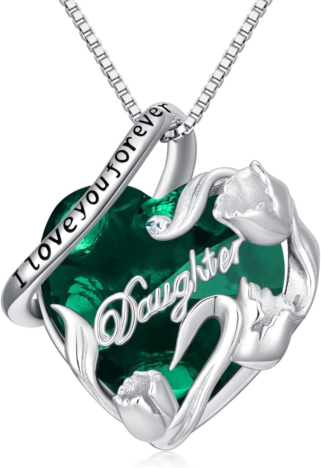 Sterling Silver Sterling Silver Stone Daughter Heart Pendant Necklace from Dad Mom I Love You Forever Jewelry-12-05-May-Green