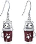 wholesale 925 Sterling Silver 925 Cat in Coffee Cup Dangle Earrings with Enamel Stone Accents for Women-0-0