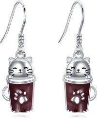 wholesale 925 Sterling Silver 925 Cat in Coffee Cup Dangle Earrings with Enamel Stone Accents for Women-Coffee Cat