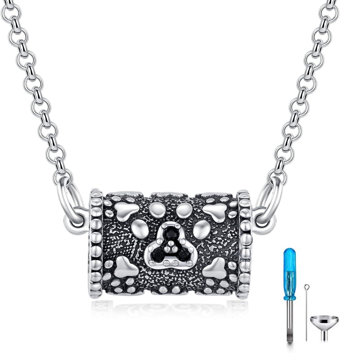 Sterling Silver Bullet Hourglass Cylinder Urn Cremation Keepsake Pendant-08-Paw Print Urn