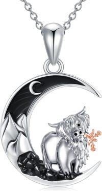wholesale 925 Sterling Silver Crescent Moon with Wolf and Rose Necklace-Cow