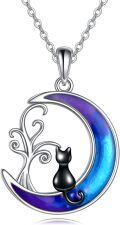 wholesale 925 Sterling Silver Blue Purple Moon & Black Cat Tree of Life Pendant Necklace for Women -0-0