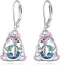 wholesale 925 Sterling Silver Pink Enamel Lucky Cat Abalone Shell Drop Leverback Earrings-0-0