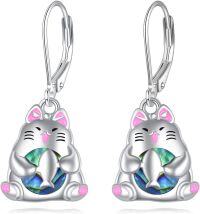 wholesale 925 Sterling Silver Pink Enamel Lucky Cat Abalone Shell Drop Leverback Earrings-B-Cat
