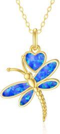 wholesale 14K Gold Blue Fire Opal Heart-Shaped Dragonfly Pendant Necklace for Women-0-0