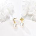 wholesale 14K Gold Moon & Star Freshwater Pearl Dangle Drop Earrings for Women Wedding-0-4
