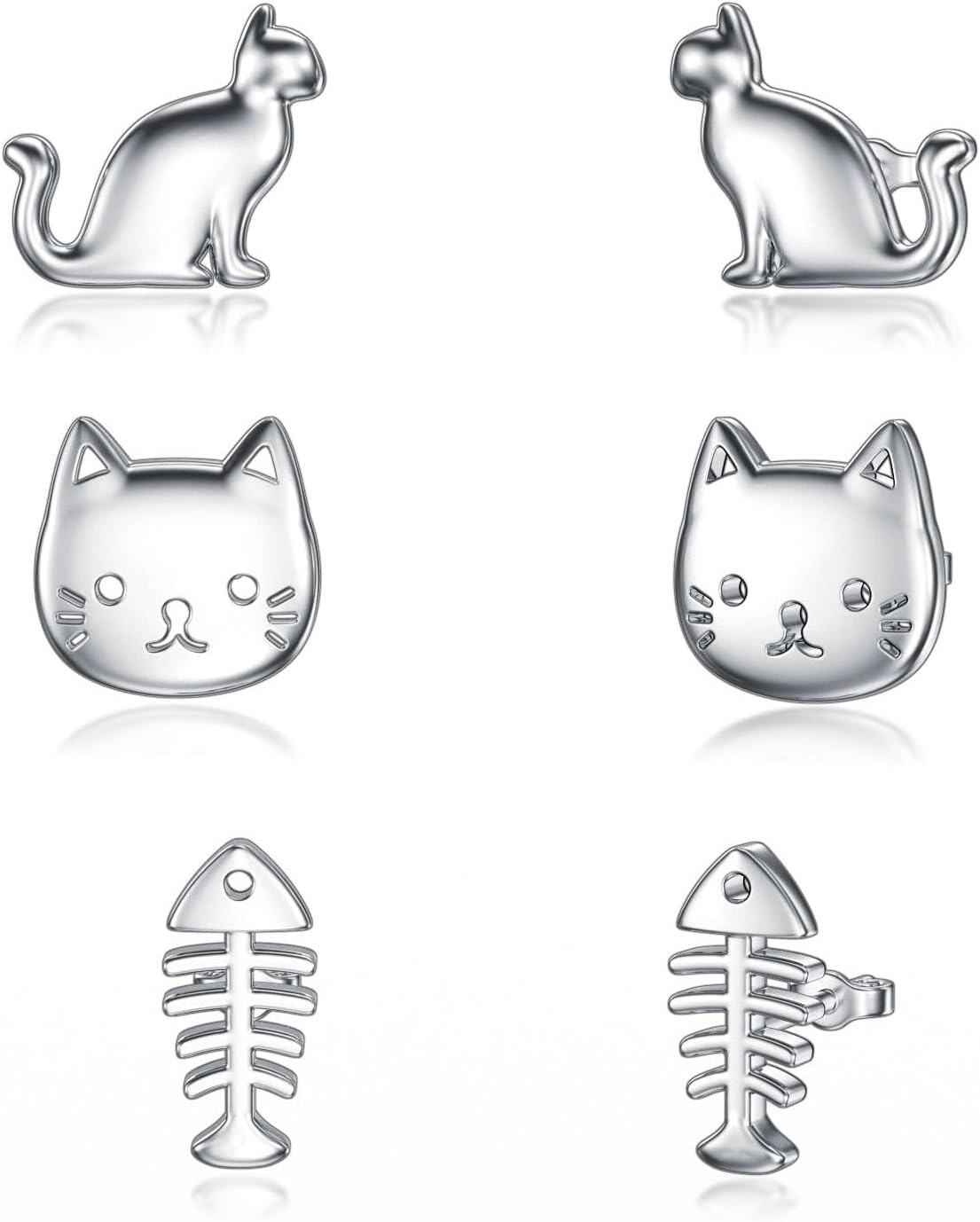 Sterling Silver 3 Pairs Women s Stud Earrings Set-01-Cat Fish