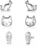 wholesale 925 Sterling Silver Cat & Fishbone Stud Earring Sets for Women (3 pairs)-0-0