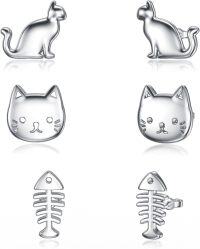 wholesale 925 Sterling Silver Cat & Fishbone Stud Earring Sets for Women (3 pairs)-01-Cat Fish