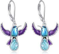 wholesale 925 Sterling Silver Turquoise Purple Enamel Hummingbird Leverback Dangle Earrings for Women Girls Gift Idea 4cm Long-Hummingbird