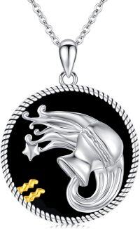 wholesale 925 Sterling Silver Aquarius Zodiac Sign Black Onyx Gemstone Pendant Necklace for Women Men s-Aquarius(1.20-2.18)