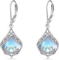wholesale 925 Sterling Silver Lotus Drop Earrings w/ Rainbow Moonstone & Amethyst-Lotus Moonstone Earrings-Jun.