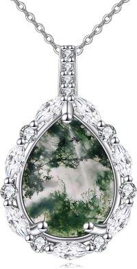 wholesale 925 Sterling Silver Moss Agate Necklace with AAA Cubic Zirconia, White Gold Plated, Tarnish Resistant, 18+2 Rolo Chain, 1.08 Pendant-Moss Agate