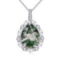 wholesale 925 Sterling Silver Moss Agate Necklace with AAA Cubic Zirconia, White Gold Plated, Tarnish Resistant, 18+2 Rolo Chain, 1.08 Pendant-0-0