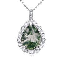 wholesale 925 Sterling Silver Moss Agate Necklace with AAA Cubic Zirconia, White Gold Plated, Tarnish Resistant, 18+2 Rolo Chain, 1.08 Pendant-Moss Agate
