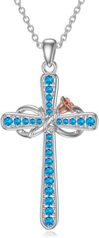 wholesale 925 Sterling Silver Birthstone Rose Flower Infinity Cross Necklace for Women-12-Dec-Blue Topaz