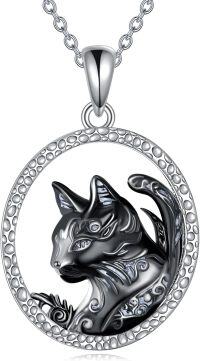 wholesale 925 Sterling Silver Cat Pendant Necklace Gothic Black Enamel Animal Charm Jewelry for Women-B-Black Cat