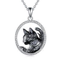 wholesale 925 Sterling Silver Gun Black Cat Oval Pendant Necklace For Women-B-Black Cat