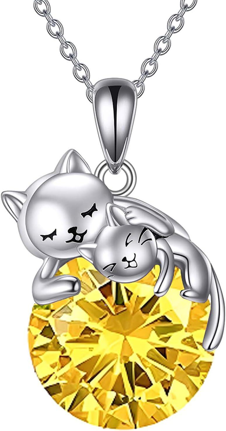 925 Sterling Silver Yellow Crystal Cats Pendant Necklace for Women-0-0