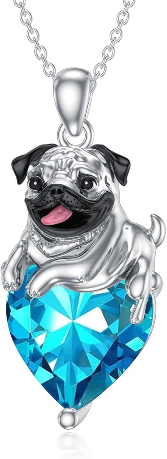 Sterling Silver Birthstone Pug Necklace for Women Dog Lovers-03-Mar-Aquamarine
