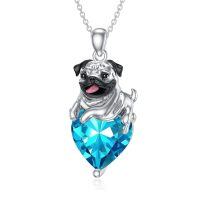 wholesale 925 Sterling Silver Happy Hugging Dog Heart Shape Blue Crystals Pendant Necklace-03-Mar-Aquamarine
