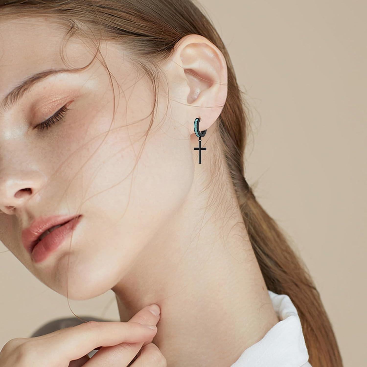 Sterling Silver Turquoise Black Butterfly Skull Cross Star David Sword Lightning Bolt Feather Hoop Drop Earrings-0-4