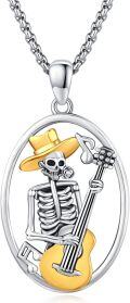 wholesale 925 Sterling Silver Guitarist Skull Pendant Necklace for Men Gothic Punk Jewelry-0-0