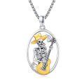 wholesale 925 Sterling Silver Skeleton Playing Guitar Two Tone Oval Pendant Necklace-0-0