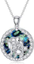 wholesale 925 Sterling Silver Abalone Shell Elephant Pendant Necklace with 3 CZ Stones and Leaf Border (18+2) Chain-0-0