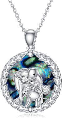 wholesale 925 Sterling Silver Abalone Shell Elephant Pendant Necklace with 3 CZ Stones and Leaf Border (18+2) Chain-Elephant-1