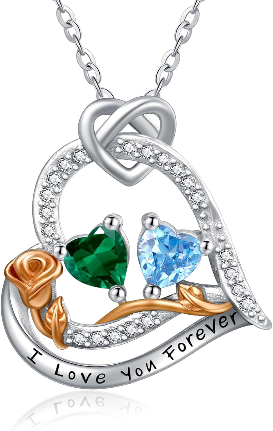  Sterling Silver 2 Birthstones Rose Heart Necklace for Women -05-12-May-Dec