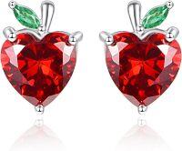 wholesale 925 Sterling Silver Heart-Shaped Red Crystal Apple Stud Earrings for Women-Apple