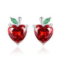 wholesale 925 Sterling Silver Heart-Shaped Red Crystal Apple Stud Earrings for Women-Apple