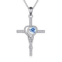 wholesale 925 Sterling Silver Heart Cross Pendant With Blue Crystal-05-Moon Cross Necklace