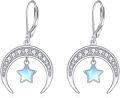 wholesale 925 Sterling Silver Star & Crescent Moon Drop Earrings with Blue Opal Stone - 3D Charm Jewelry for Women Girls Gift Boxed-0-0