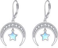 wholesale 925 Sterling Silver Star & Crescent Moon Drop Earrings with Blue Opal Stone - 3D Charm Jewelry for Women Girls Gift Boxed-A-Moon And Star