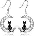 wholesale 925 Sterling Silver Black Cat and Crescent Moon Drop Earrings for Women Gifts-0-0