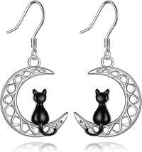 wholesale 925 Sterling Silver Black Cat and Crescent Moon Drop Earrings for Women Gifts-moon