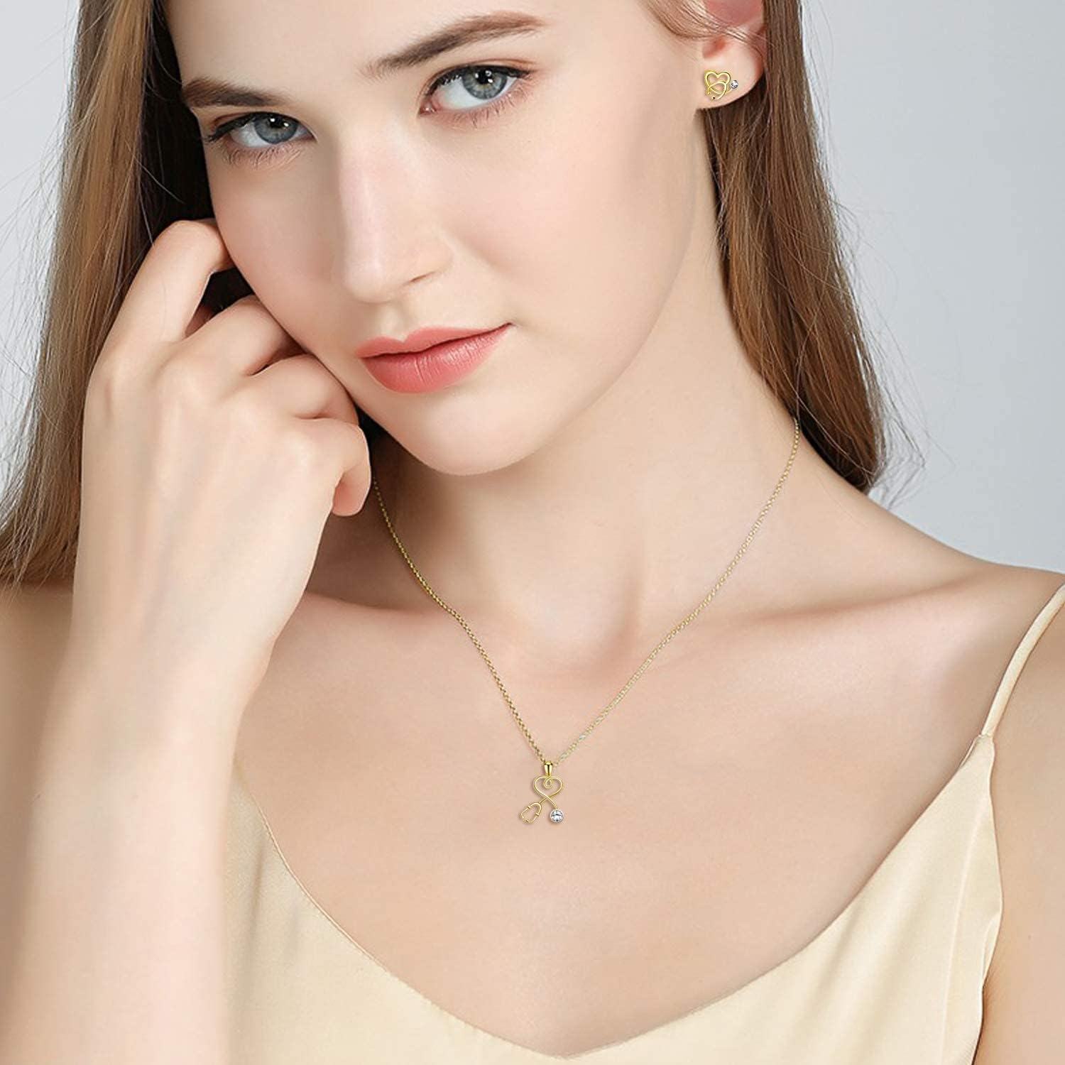 wholesale 925 Sterling Silver Plated Gold Infinity Heart Stethoscope Pendant Necklace with Cubic Zirconia Accent for Nurses Doctors Gifts-0-1