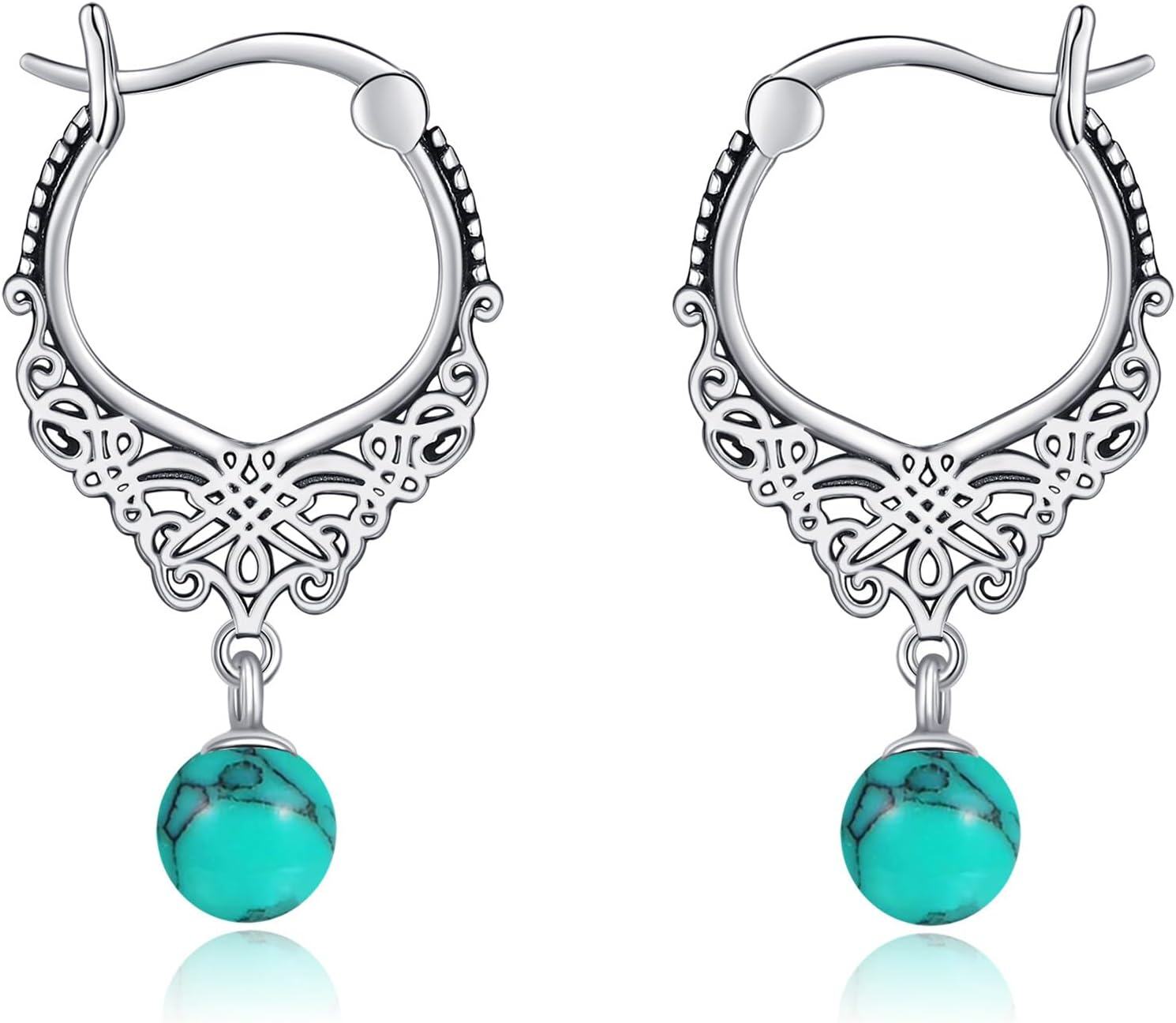 925 Sterling Silver Turquoise Filigree Hoop Earrings-0-0