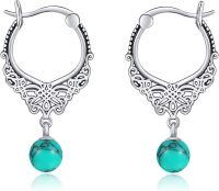 wholesale Sterling Silver Carnelian Moss Agate Turquoise Rose Quartz Filigree Hoop Earrings-Turquoise