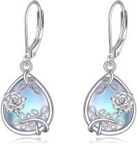 wholesale 925 Sterling Silver Teardrop Flower Moonstone Hypoallergenic Leverback Dangle Earrings for Women Gifts-Rose